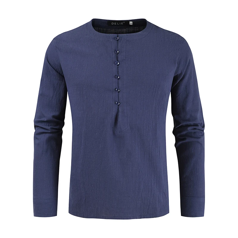 New Men's Long Sleeve Round Neck Casual Linen Shirt Simple Solid Color Button-down Shirts