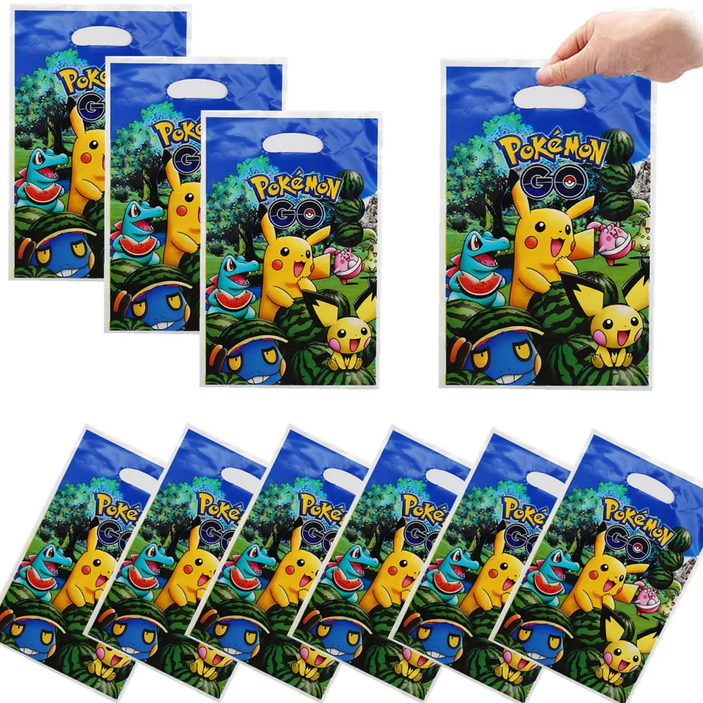 10Pcs/Pack Cartoon Pokemon Pikachu Theme Plastic Candy Loot Bag Handle Gift Bag Kids Favor Birthday Party Decoration Supplies