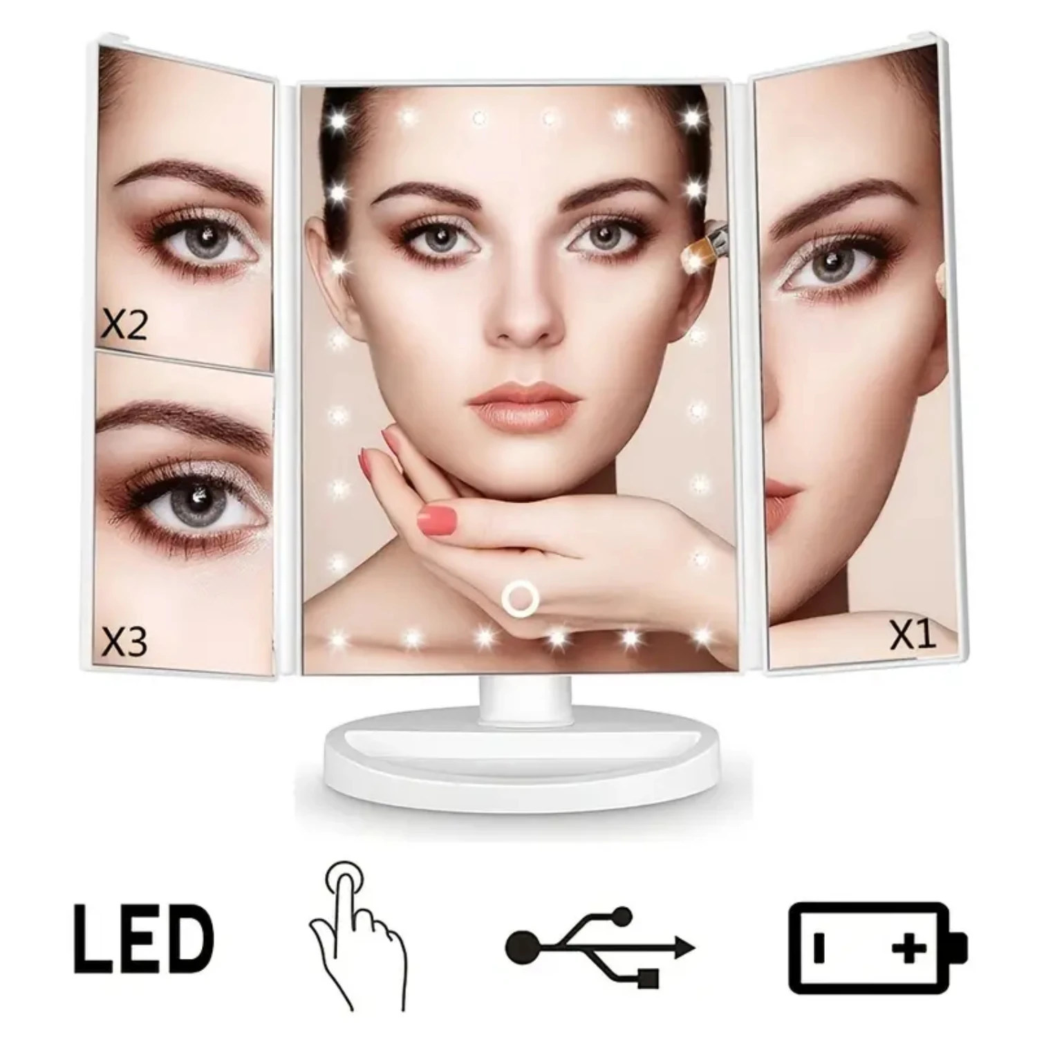 Portable Tri-fold Lighted Vanity Makeup Mirror with 3x/2x/1x Magnification Bright LEDs Light and Easy-to-Use Touch Screen Techn