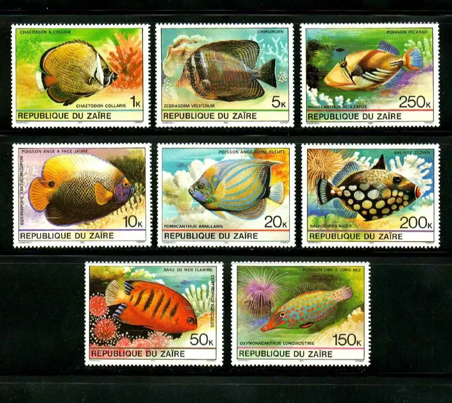 8 шт. штампы Zaire Post, 1980, штампы с тропической рыбой, штампы с животными, используются с почтовым штампом, НАСТОЯЩИЕ Оригинальные 8 шт. штампы Zaire Post, 1980, штампы с тропической рыбой, штампы с животными, используются с почтовым штампом, НАСТОЯЩИЕ Оригинальные