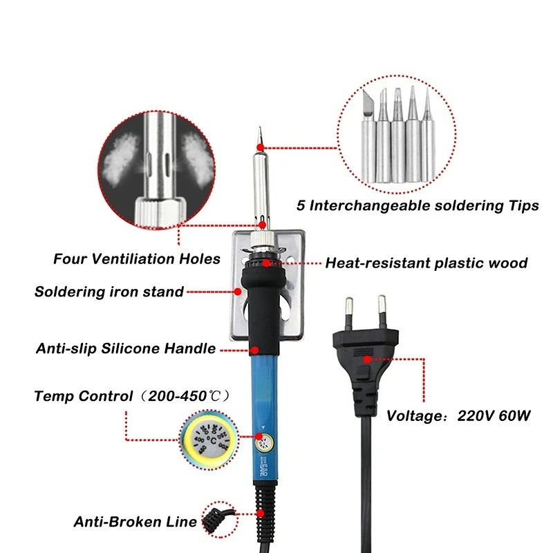 60W Adjustable Temperature Soldering Iron Internal Heating Type Household Electronic Welding Repair Tool