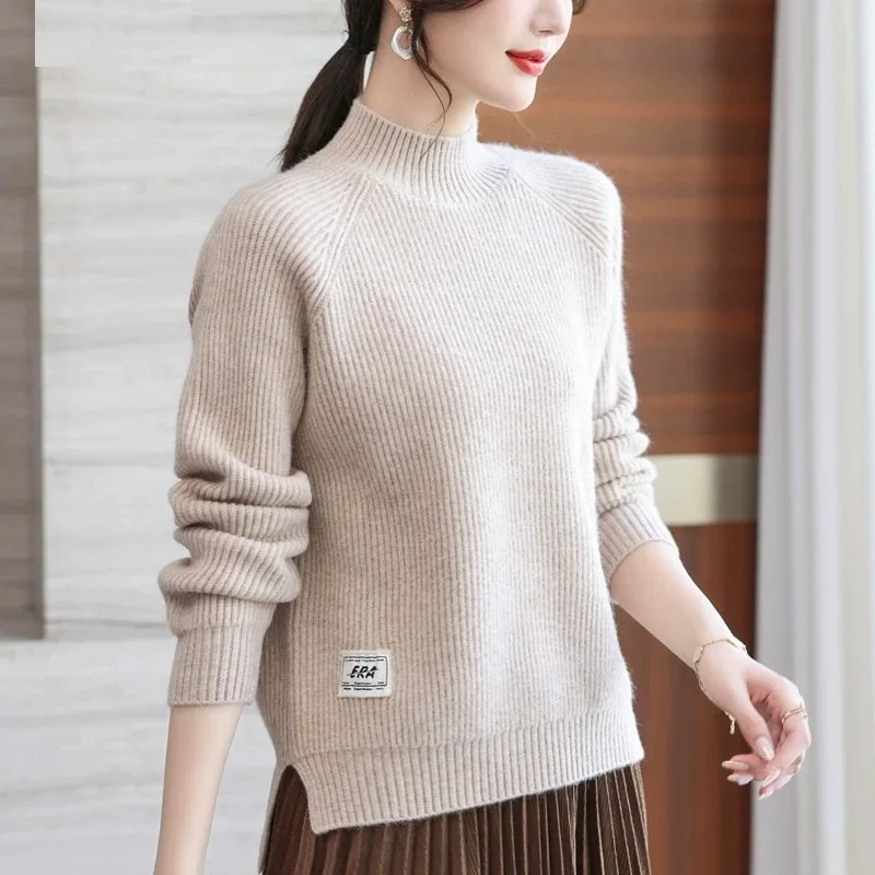 

Loose and Thickened Two Stripes of Wool Women's Large Autumn/Winter Knitted Bottom Sweater Women's Half High Collar Wear