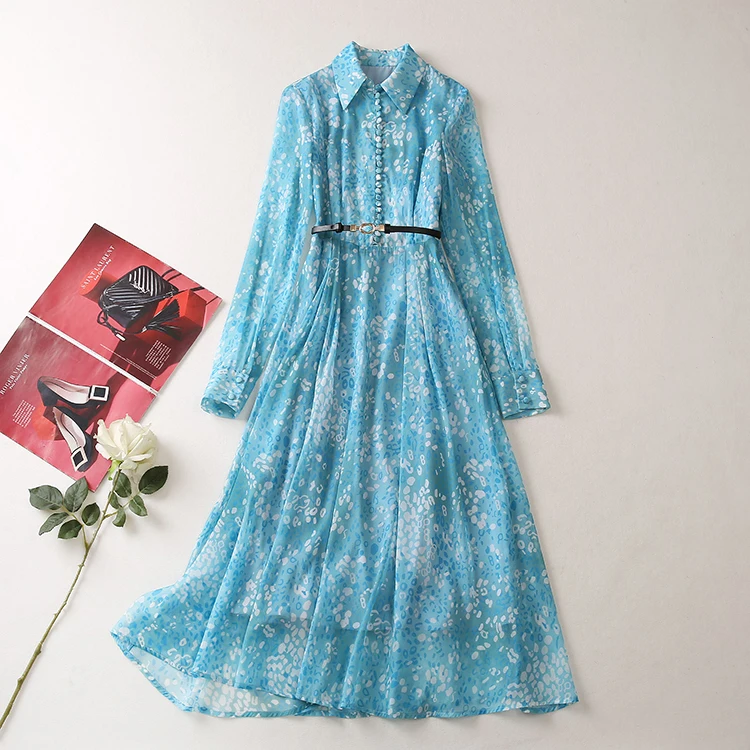 

Runway Fashion Print Shirt Dress for Women Long Sleeve 2023 Vestidos Para Mujer Elegant Holiday Maxi Blue Robe Femme Belt