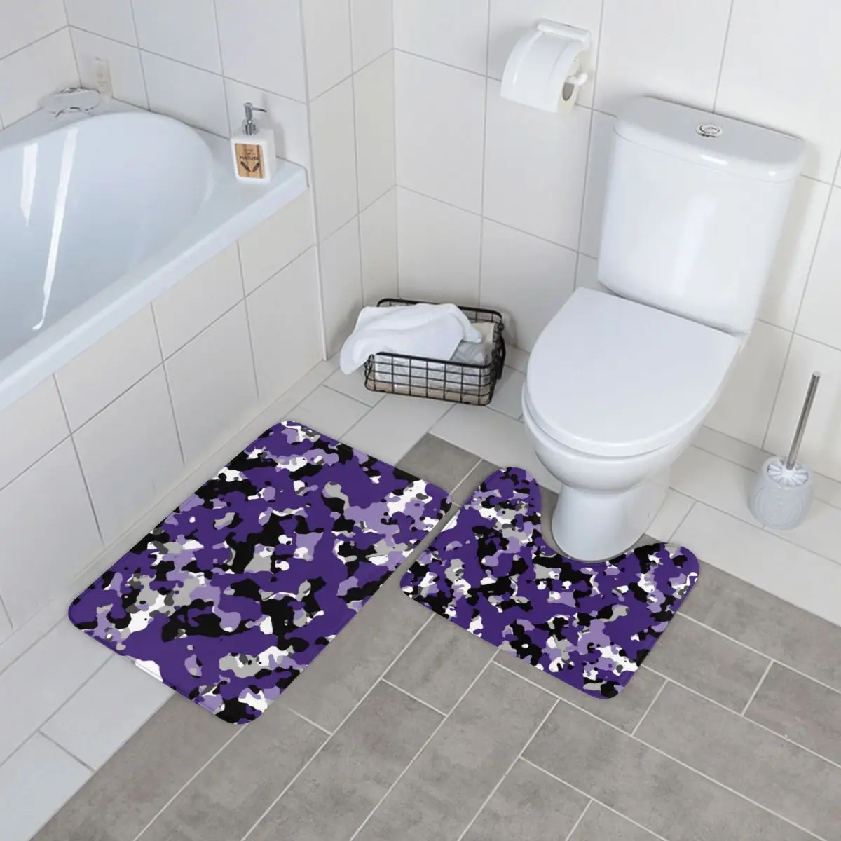

Colorful Camouflage Bath Mat Purple Black Camo Print 2 Pieces Anti-Slip Toilet Bathroom Mat Set Modern Polyester Bathroom Rug