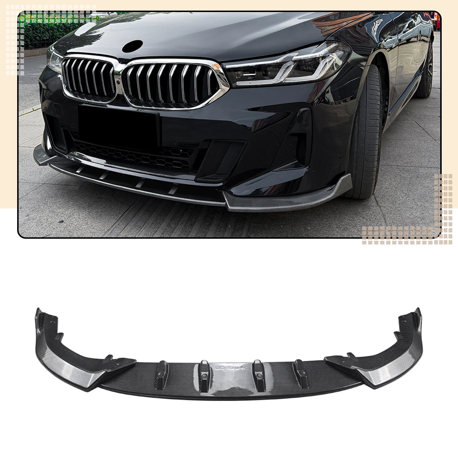 Фото Для BMW 6 серии GT G32 LCI M Sport 2021-2026: Передний бампер, спойлер-накладка, глянцевый черный/под карбон, нижний сплиттер-дефлектор №1