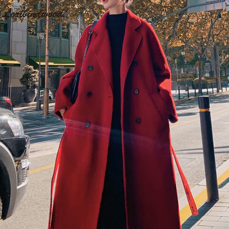 

Red Woolen Coat Women's Mid-length Korean Version of The 2021 Autumn and Winter New Over-the-knee Loose Temperament Woolen Coat