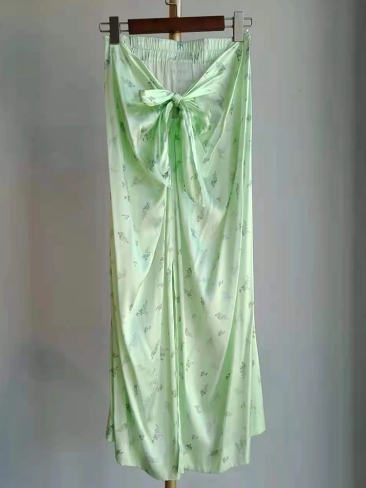 

Женская шелковая юбка средней длины, зеленая юбка с разрезом спереди и принтом, Новинка лета 2021