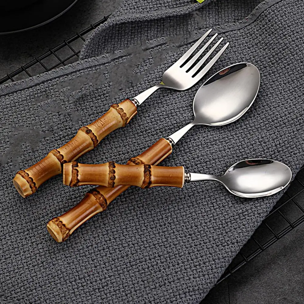 Ложка для супа вилка стейка бамбуковая ручка мяса резак десертные ложки посуда