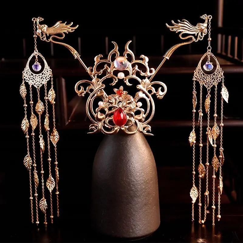 Женская позолоченная палочка Феникс с длинной бахромой корона для волос древний