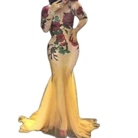 women yellow net yarn long tailing dress skinny stretch bling rhinestones dress rose print singer performance stage wear costume
