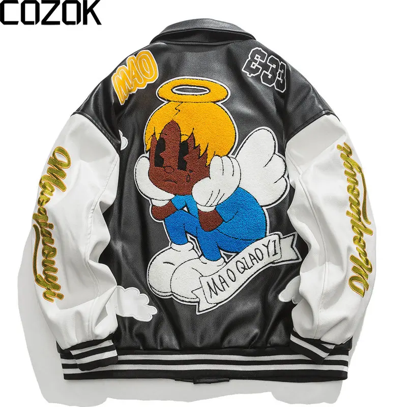 

Heavy Industry Embroidery Jacket Men Cartoon Angel Pattern Baseball Coat Casual Patchwork Thicken PU Varsity Jacket 2022 Autumn