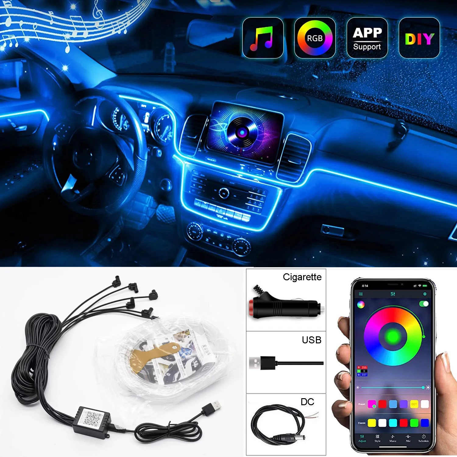 

Teeze 5IN1 6M RGB LED Car Ambient Interior Light with App Control Car Fiber Optic Neon Atmosphere Strip Light Decorative Lamps