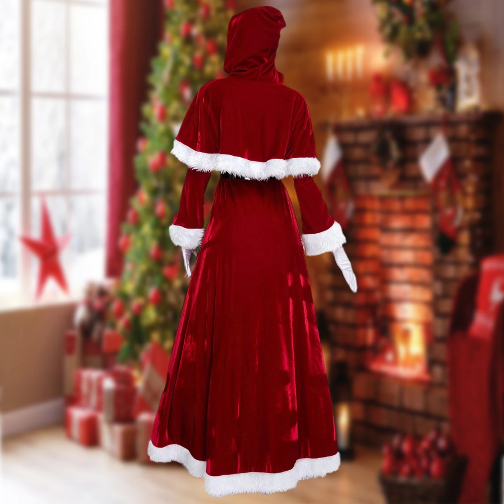 Ladies Santa Claus Party Suit with Belt Cotton Christmas 4 Pieces Set Festival Style Slim Fit Elastic High Waist Vacation Outfit