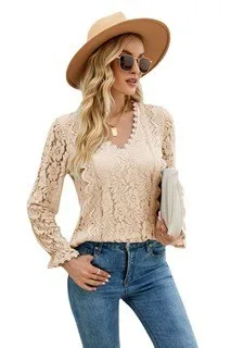 

Long sleeved women's new solid color hollow out lace sexy knitted lace top aesthetic clothes crop top