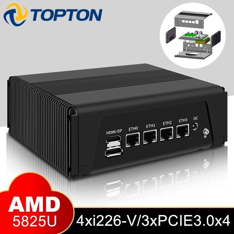 

Topton 4*Intel i226-V 2.5G LAN Firewall Router AMD NAS Ryzen 7 5825U 8 Core 16 Thread Mini PC 3*NVMe 2*SATA DP Type-C 3x4K UHD