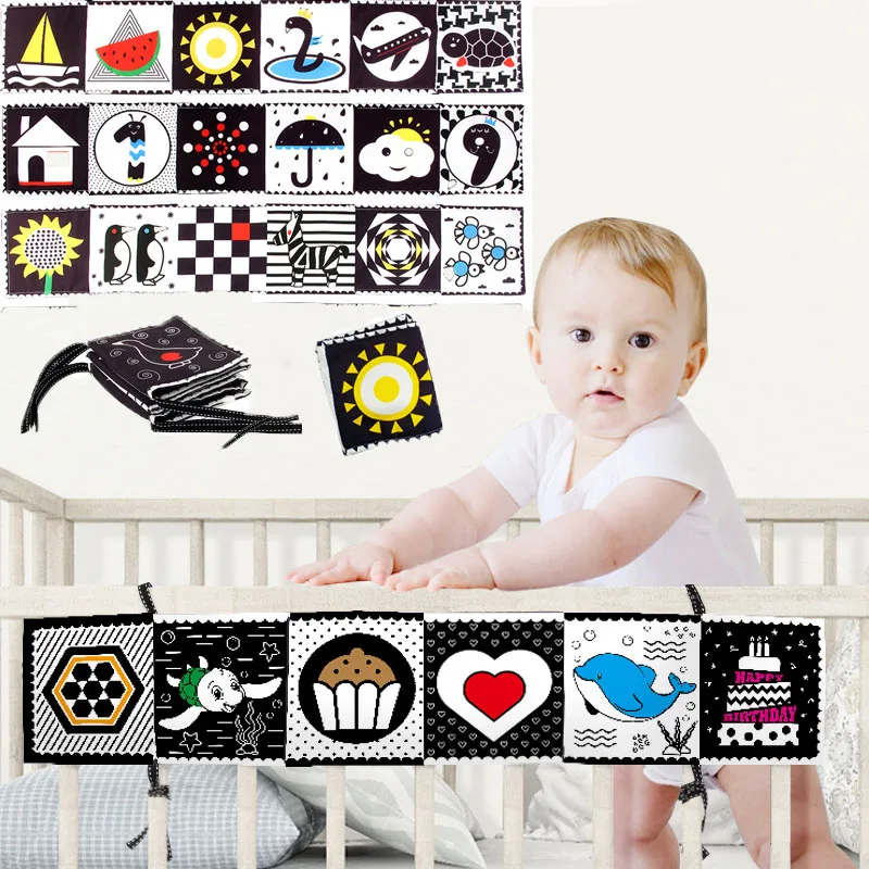 

Montessori Baby Book Sensory Cloth Book High Contrast Baby Toys 0 12 Months Newborn Babies Crib Toys Black and White Baby Books