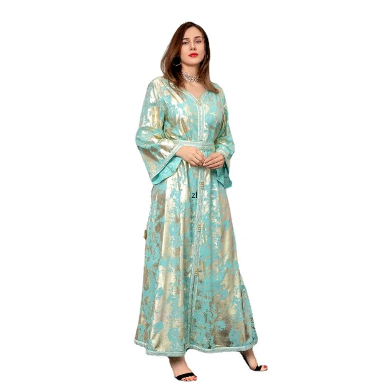 Evening Kaftan Jalabiya Women Gold Stamping  Chiffon Muslim Arab Long Dress Moroccan Caftan  Party Wedding White Abaya Ramadan