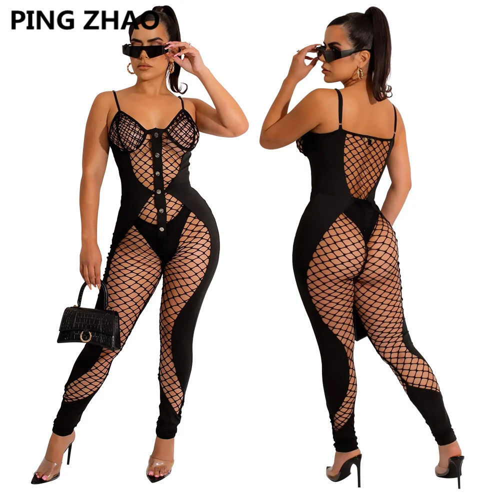 

Women Sexy Fishnet Jumpsuit with Panties Hollow Out See Through Buttons Spaghetti Straps Skinny Overalls Night Clubwear