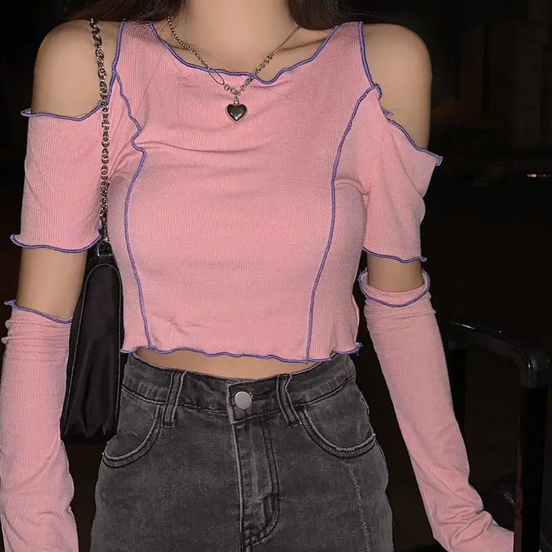 

HOUZHOU Сексуальная женская футболка с открытыми плечами в стиле Харадзюку 2022 летняя футболка Goth Y2k розовая уличная одежда в стиле пэчворк футб...