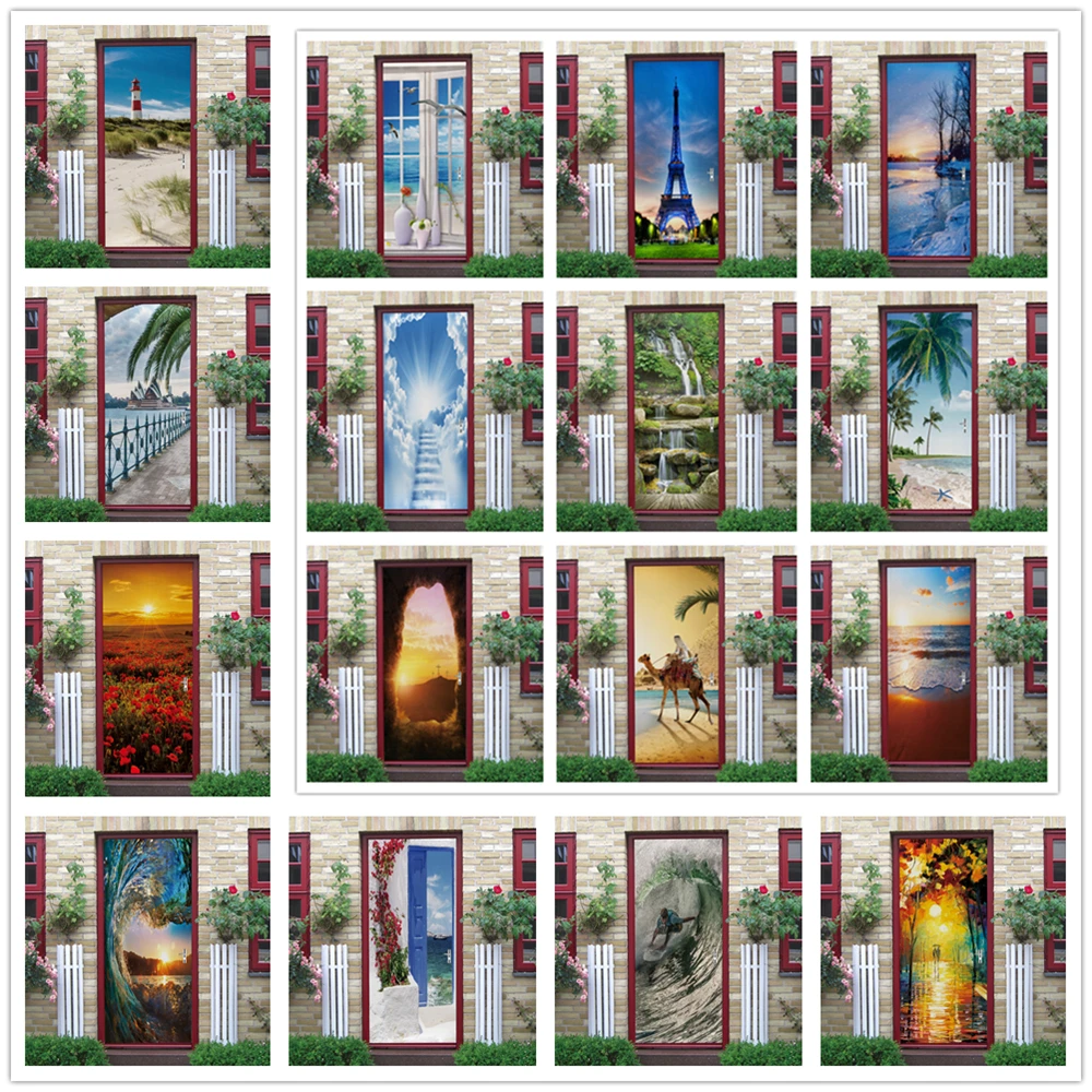 

Пейзаж, синие пляжные двери, наклейки, лес, зеленый, домашний декор, тропические растения, облако, настенные украшения для гостиной, 3D наклей...