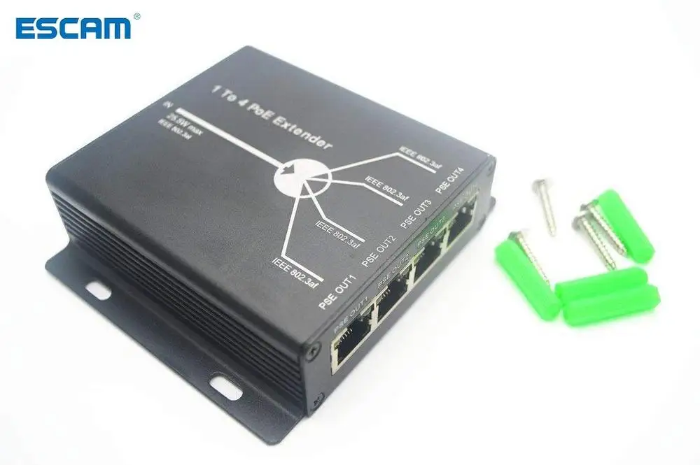 

ESCAM 4 Port IEEE802.3at 25.5W PoE Extender / Repeater for IP camera Extend 120m transmission distance with 10/100M LAN ports