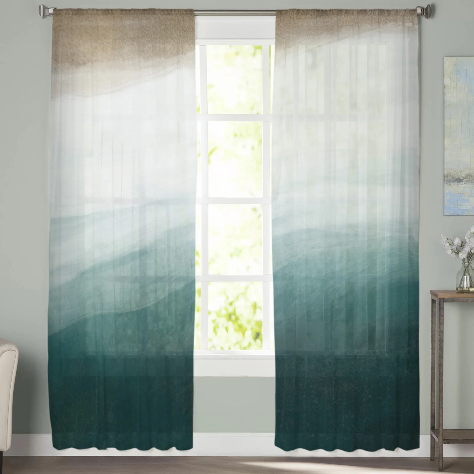

Sea Beach Watercolor Gradient Tulle Curtains For Living Room Bedroom Decoration Luxury Voile Valance Sheer Curtains For Kitchen