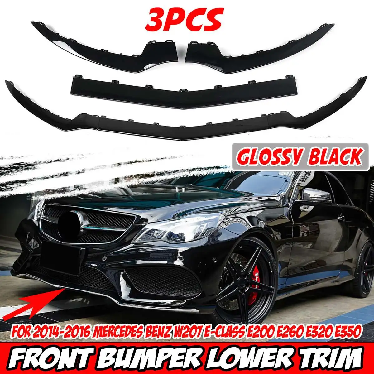 Black 3x Car Front Bumper Lip Splitter Diffuser Spoiler Protector Cover For Mercedes For Benz W207 E-Class E200 E350 2014-2016