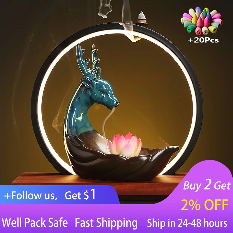 Ceramic sika deer backflow aromatherapy stove creative light ring incense burner home crafts Zen ornaments