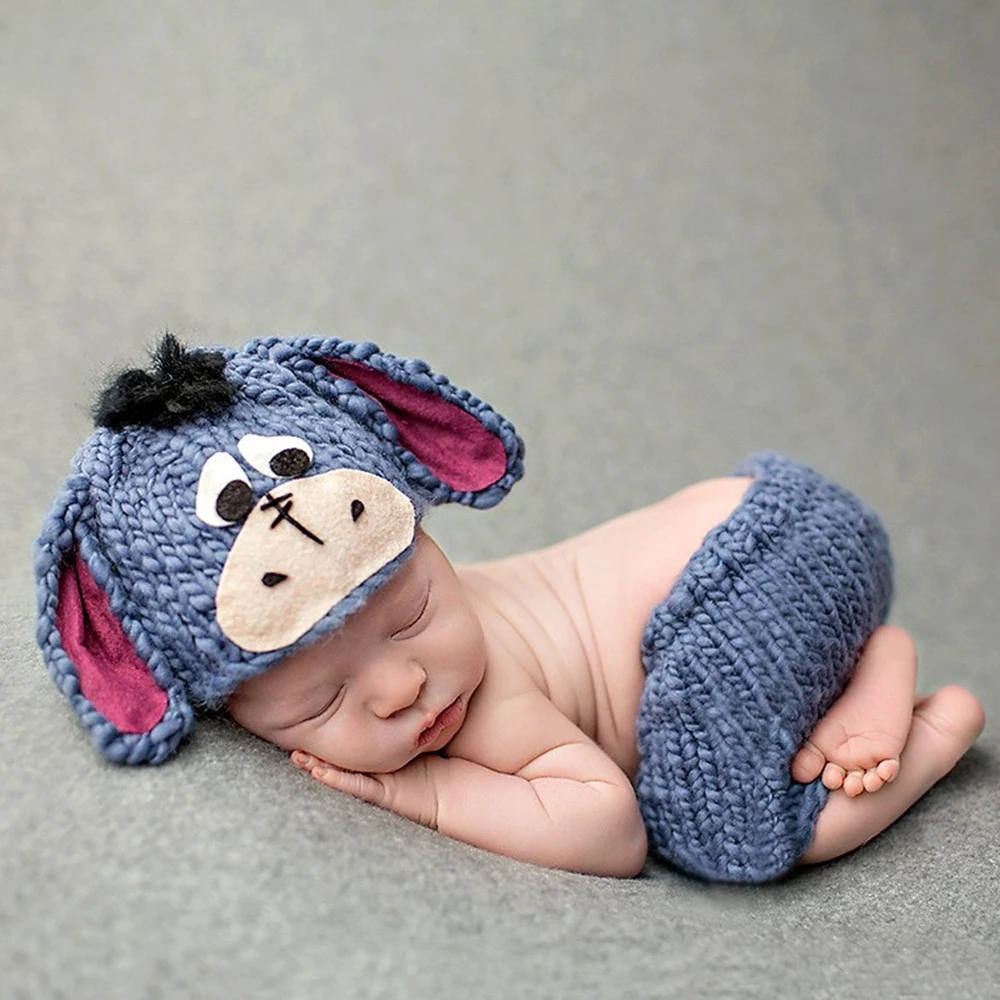 Baby Boy Newborn Photography Props  Crochet Outfits  Accessories Little Donkey Cartoon Blue Hand Woven 0-6 Months