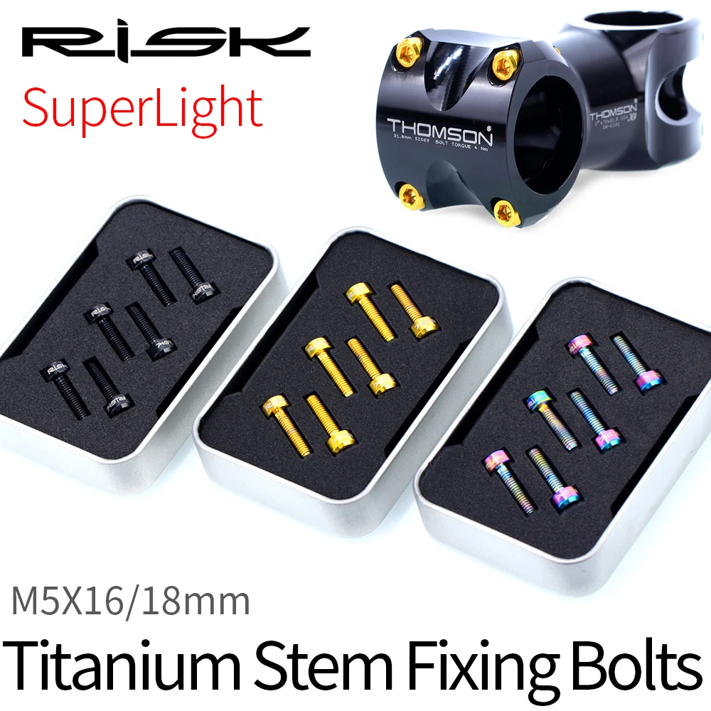 

RISK 6PCS M5x16mm/M5x18mm Bike Stem Screws Bolt Titanium Alloy MTB Steering Stem Handlebar Ultralight Stem Fixing Screws