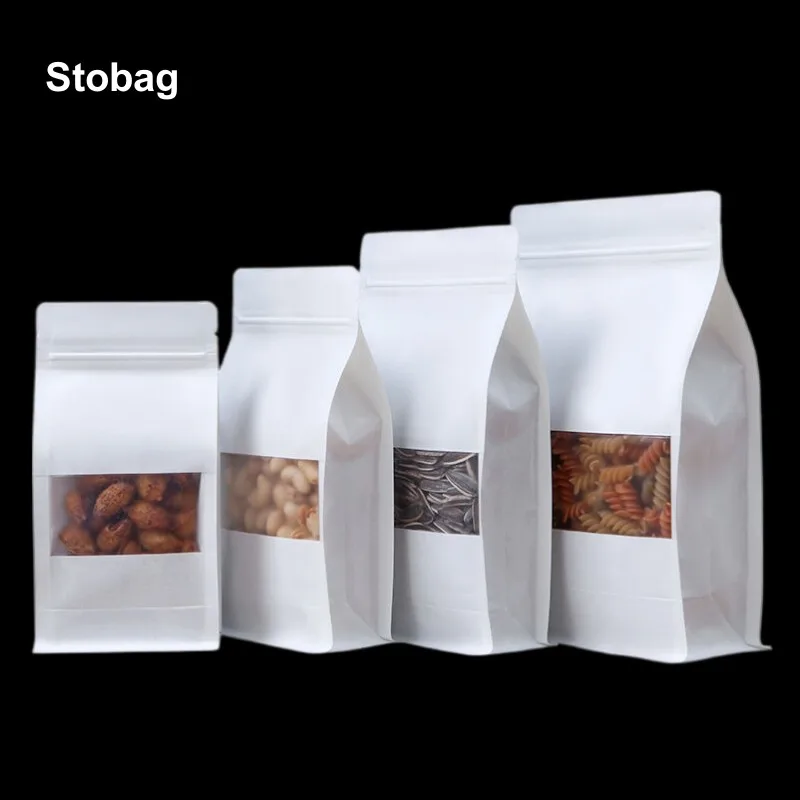 

StoBag 50pcs White Kraft Paper Food Packaging Bags with Window Stand Up for Tea Nuts Dried Fruits Candy Snack Storage Pouches