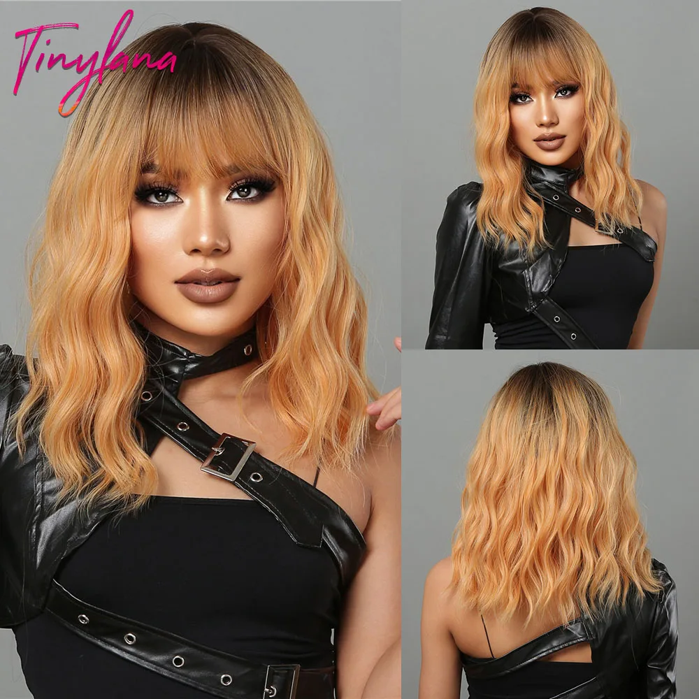 

Light Ginger Yellow Short Wave Synthetic Wig Ombre Black Blonde Bob Wig with Bangs for Women Natural Cosplay Heat Resistant Hair