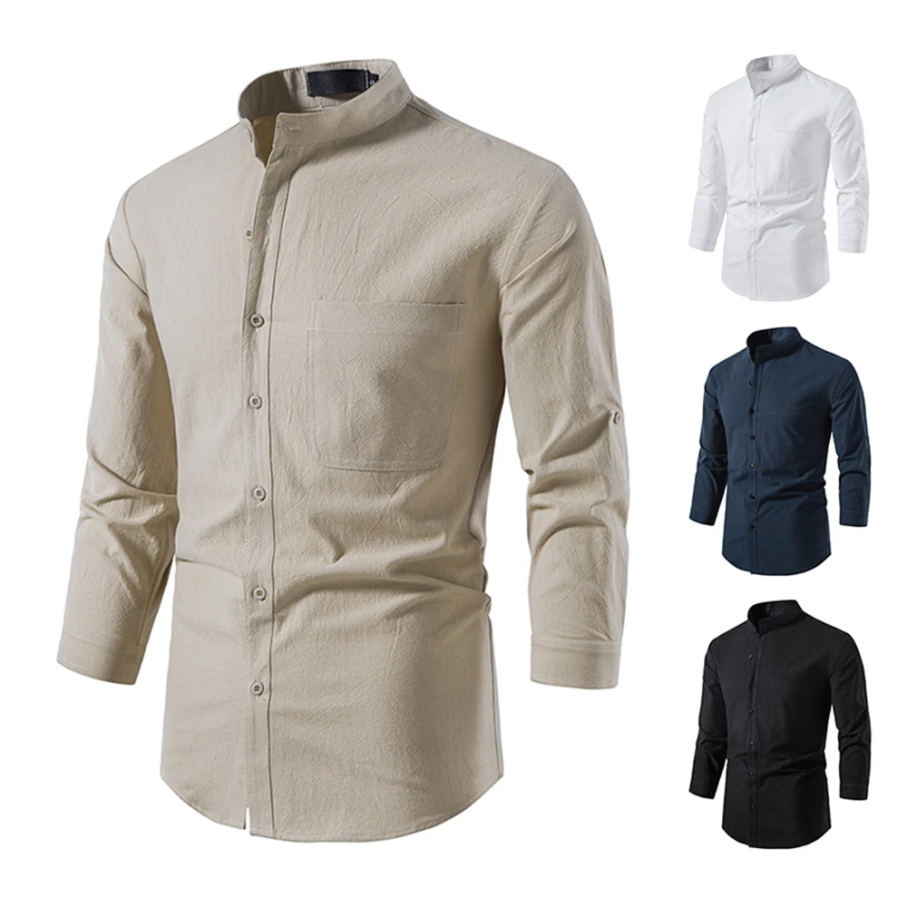 

New Cotton Line Hot Sale Men's Long-Sleeved Shirts Summer Solid Color Stand-Up Collar Casual Beach Yoga Shirts