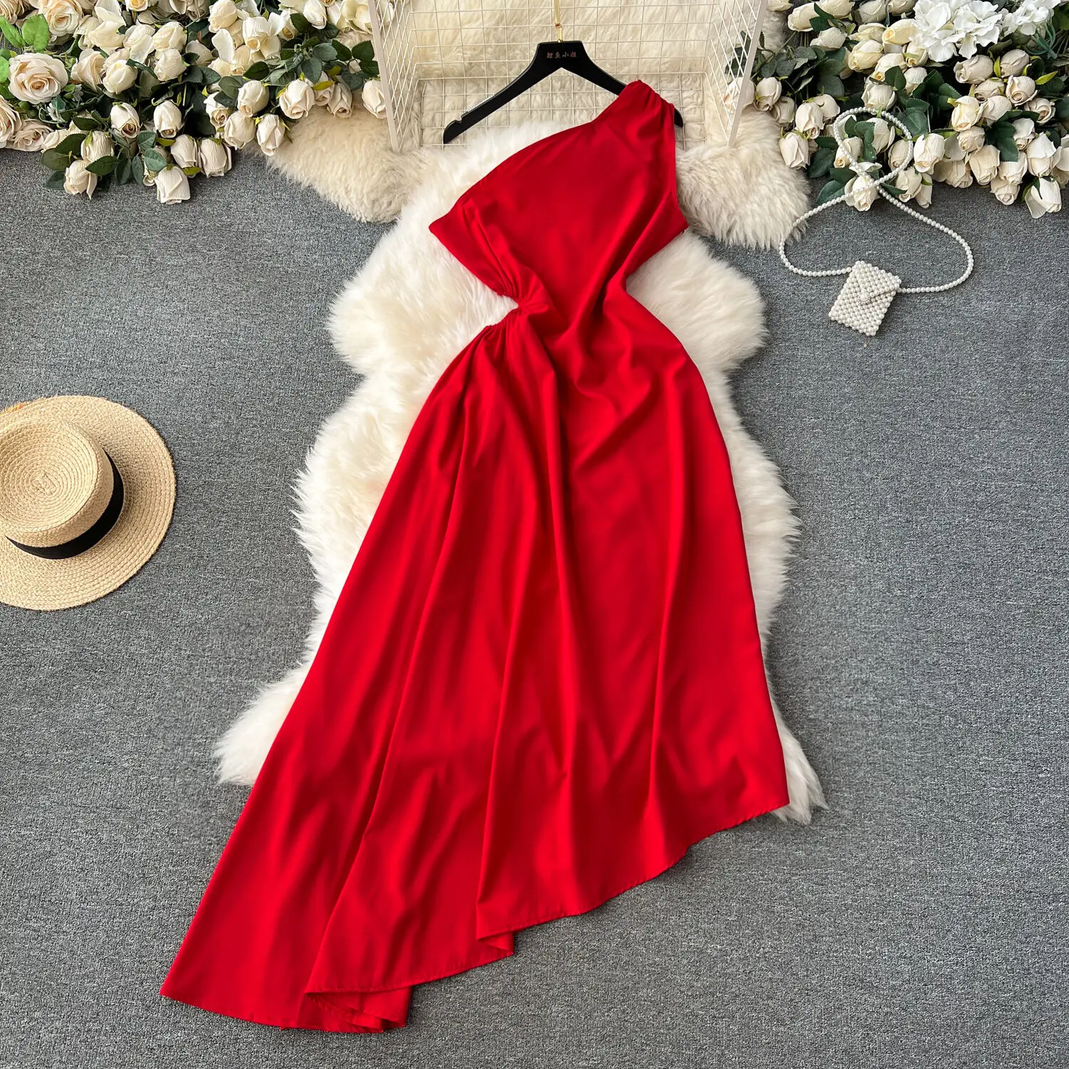 

Women Sleeveless Bareback Dress High Waist Evening Party Diagonal Collar Women Autumn A-line Dress