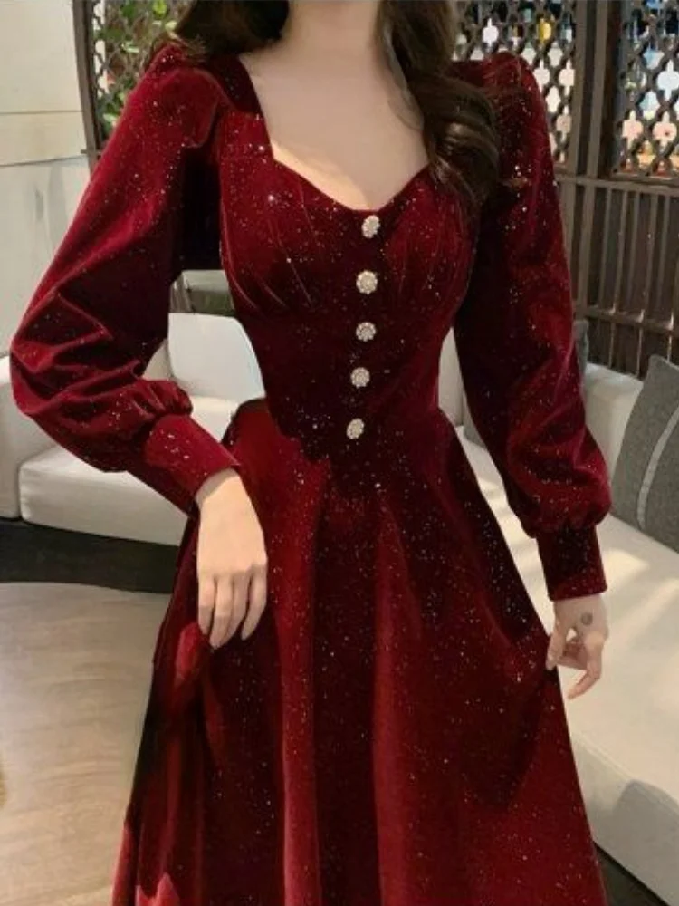 

Pure Color Dress Woan French Vintage Velvet idi Dress Casual Party Spring Long Sleeve Style Dress Feale