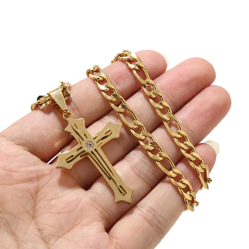 

Gold Plated 31*45mm Cross Pendants Necklaces Charm Fashion Stainless Steel Necklace 3:1 Figaro Chains 24'' For Men Jewelry Gifts