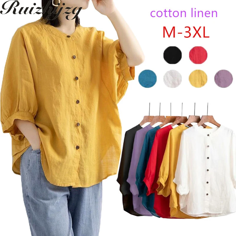 

Ruizhijzg T shirt Muslinmah Cotton Plus Size Women 2022 Spring and Summer New Style Ladies Short Lantern Sleeve Shirt Round Neck