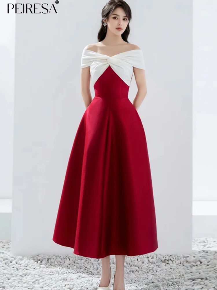 

PEIRESA Color Block Slash Neck Party Dresses For Women 2023 Summer New In Fashion Slim Waist A Line Elegant Long Dress Vestidos
