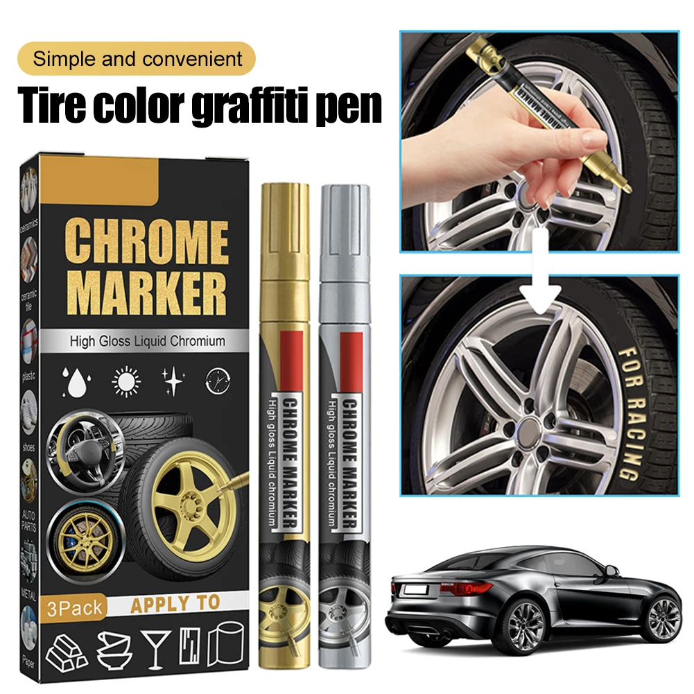 

3Pcs Car Chrome Marker Pen Permanent Mirror Chrome Marker Waterproof Xylene-free Chrome Paint Car Decor For Auto Bike Motor Tire