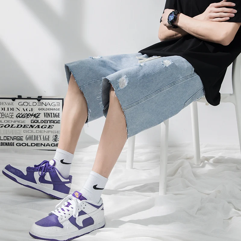 Summer New Ripped Jean Short Oversize Baggy Casual Five-Point Pants Ventilation Y2K Trendy Pop Clothes for Street Men's Clothing