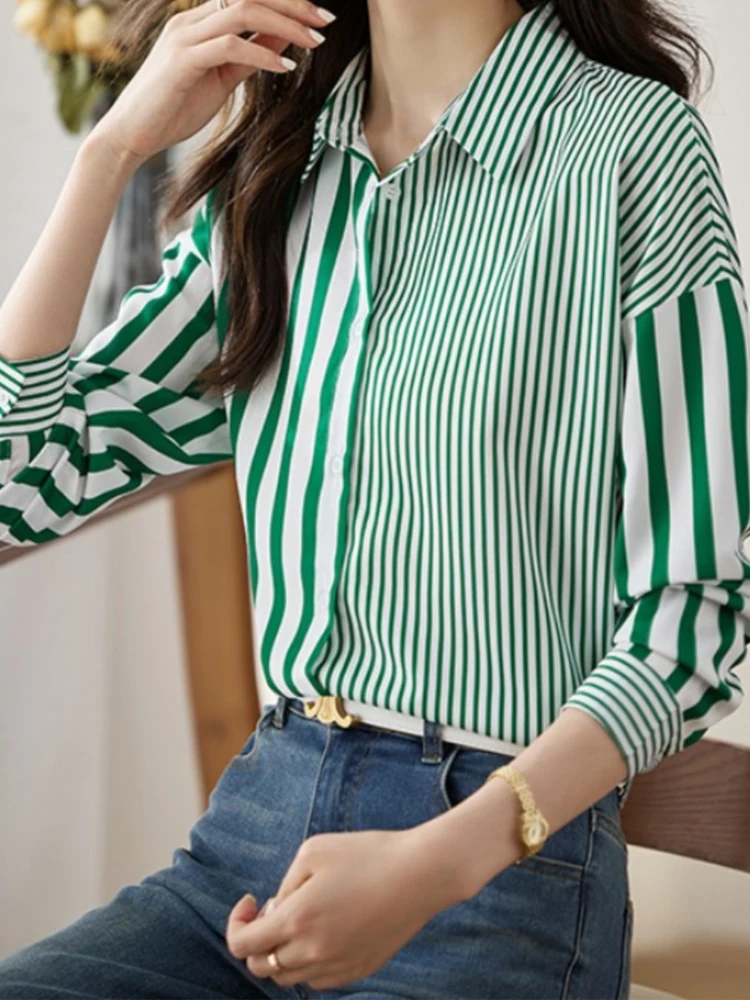 Женская шифоновая блузка EVNISI в зеленую полоску с принтом воротник-поло шикарная