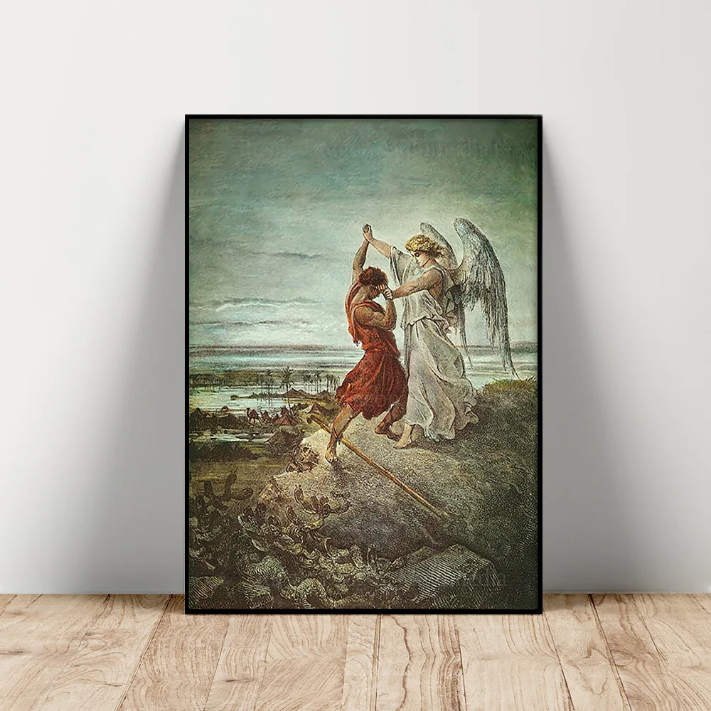

Vintage Poster Jacob Wrestling with the Angel Gustave Dore Antique Oil Painting Reproduction Canvas Print Gothic Wall Art Decor