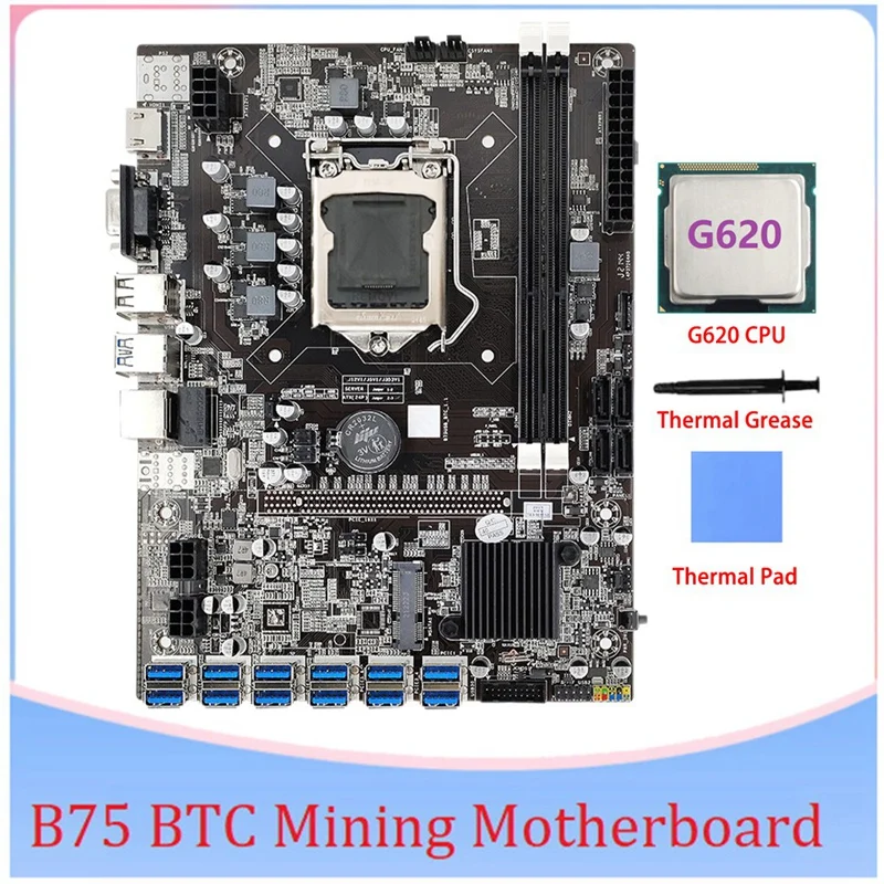 

B75 ETH Mining Motherboard 12 PCIE To USB MSATA DDR3 With G620 CPU+Thermal Pad+Thermal Grease B75 USB BTC Miner