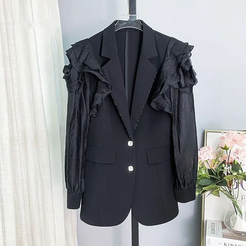 Luxury Chic Long Sleeve Blazer Women Ruffle Black Blazer White Suit Spring Summer Slim Jacket Thin Coat Patchwork Cardigan