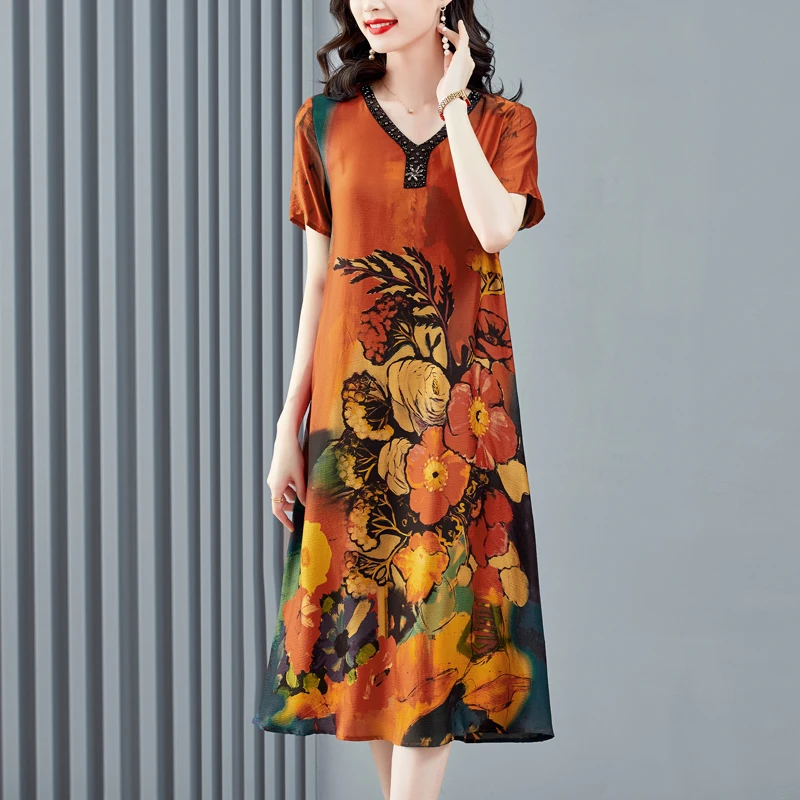 

Женское винтажное шелковое платье с принтом, свободное повседневное праздничное платье с V-образным вырезом и коротким рукавом, лето 2023