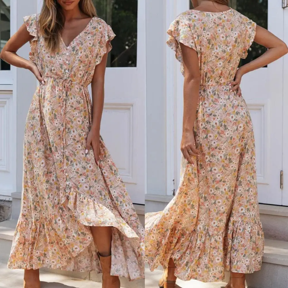 

Women Dress Ruffle Floral Print Bohemia V Neck Irregular Hem Loose Maxi Dress Women's Clothing Streetwear for Beach