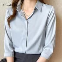 2022 summer womens shirts satin blouse for women half sleeve shirt silk white shirt ol woman solid blouses pullover ladies tops
