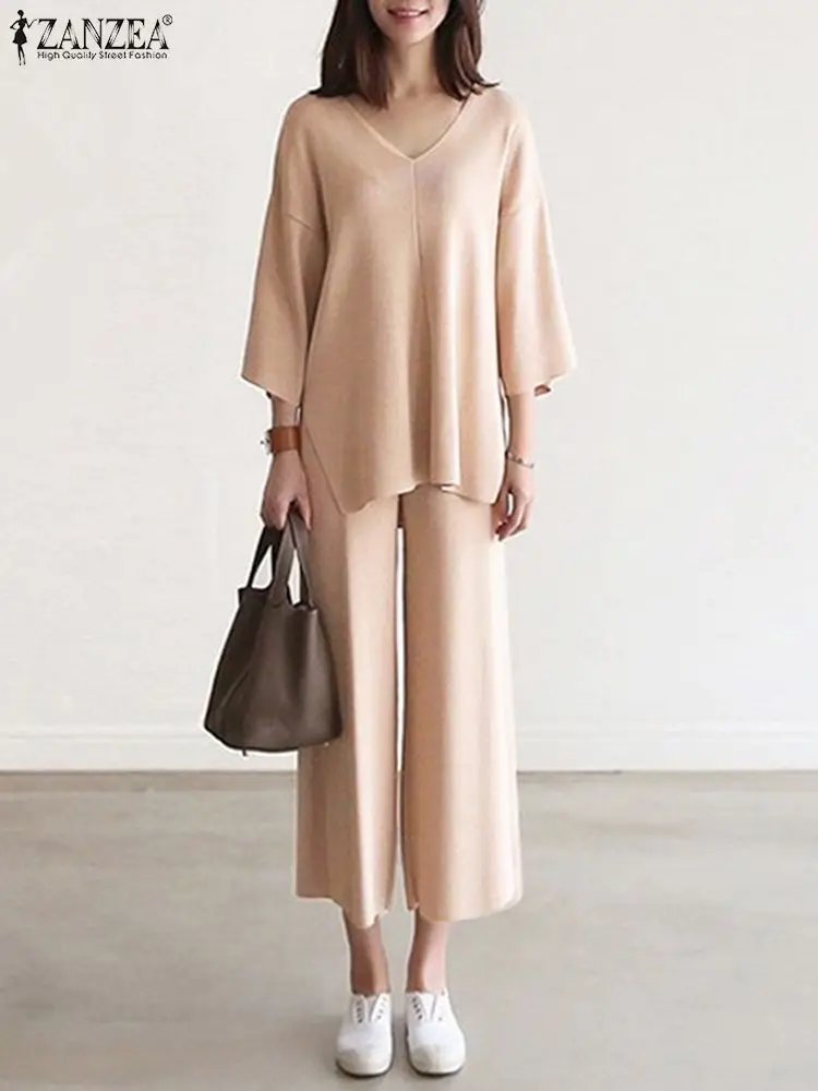 ZANZEA Женская повседневная блузка с v-образным вырезом и широкие брюки свободный