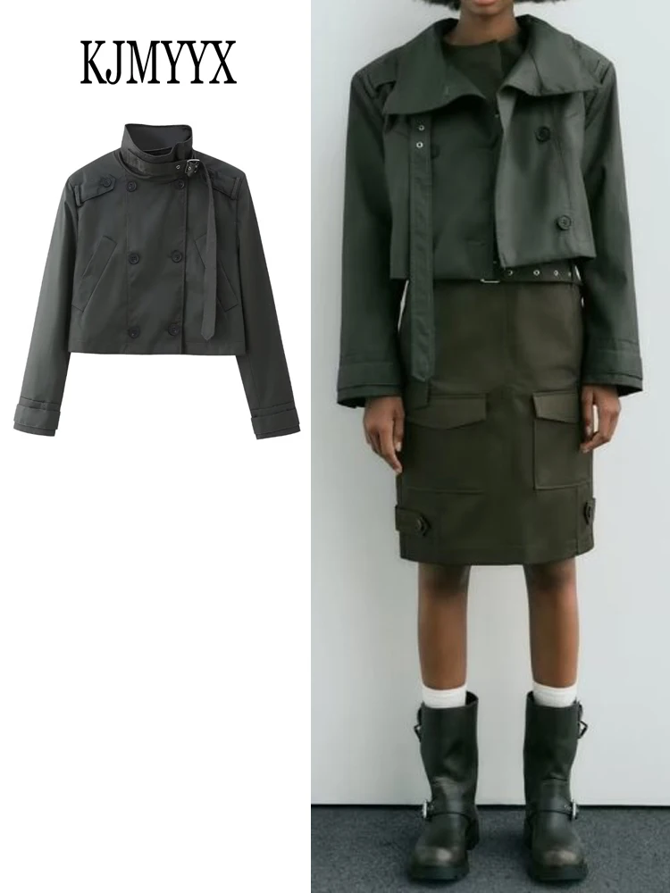 

KJMYYX 2023 Новый женский Модный укороченный Тренч из искусственной кожи шикарный женский уличный Повседневный Свободный Топ с длинным рукавом