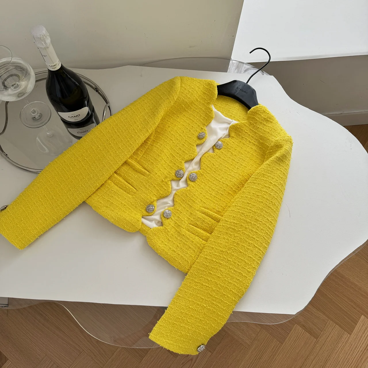 Женский твидовый кардиган с волнистыми краями подиумный двубортный короткий